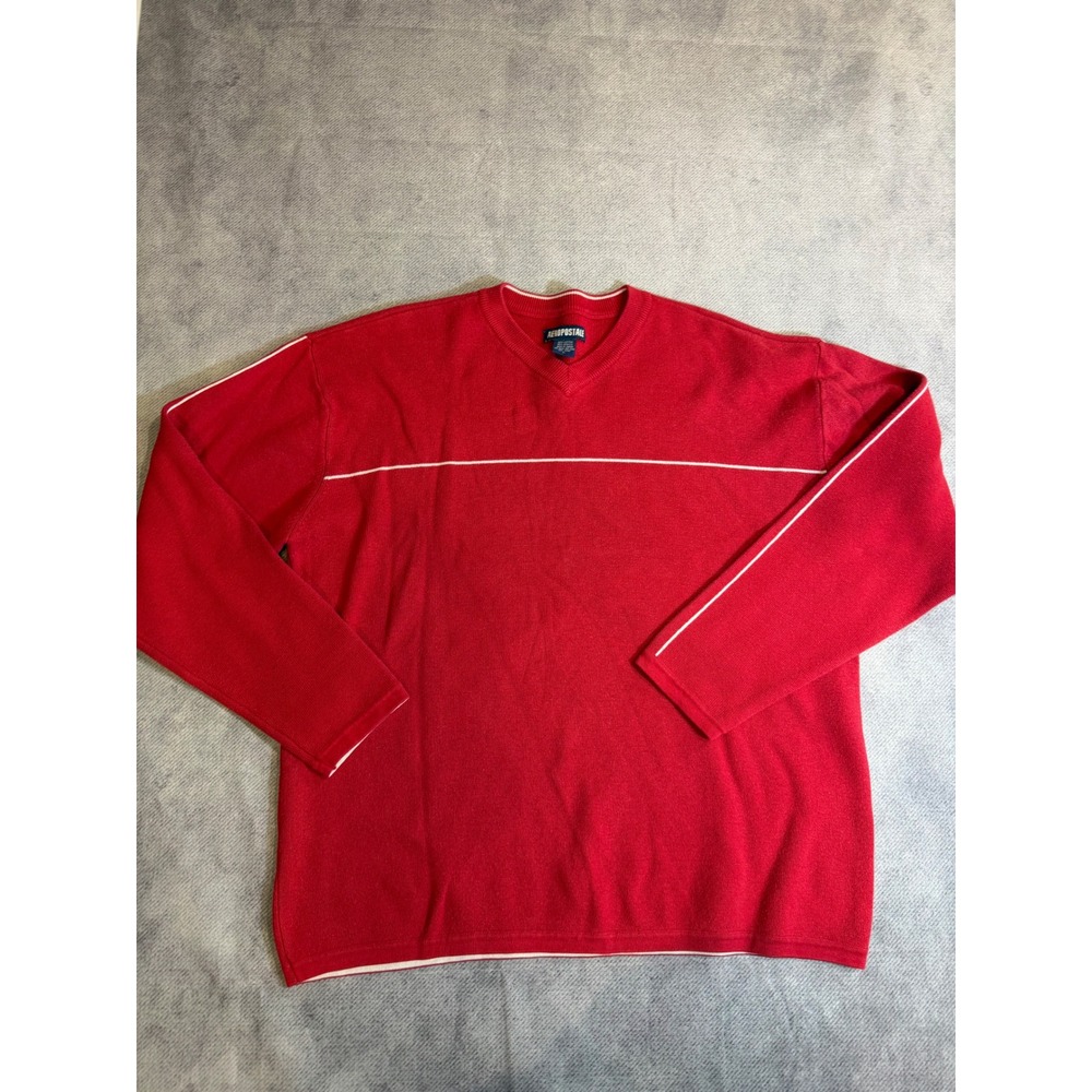 Aeropostale Mens Red V-Neck Knit Sweater White Racing Stripe Large Vintage Style